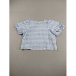 Forever New Women Tops 16 Light Blue Crew Neck Puffed Sleeve Back Button Casual